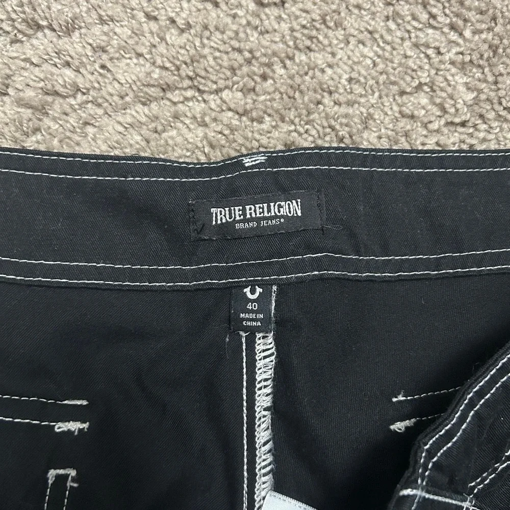 True Religion Mens Baggy Skater Cargo Pants Black White Stitch Size 40 XL